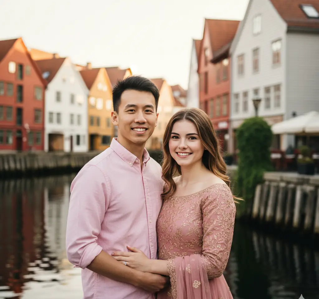 Romance At Bryggen Wharf AI Couple Photo Template