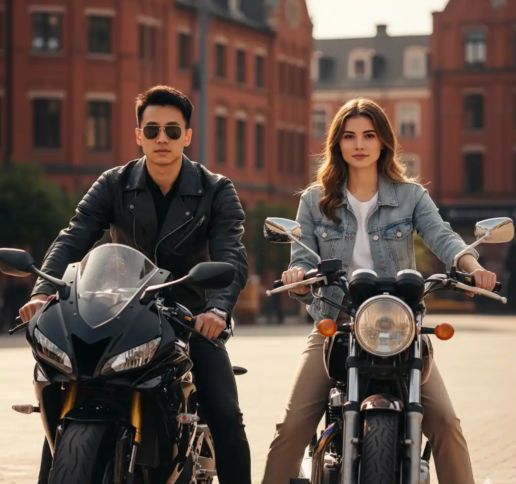 Urban Motorcycle Duo AI Couple Photo Template