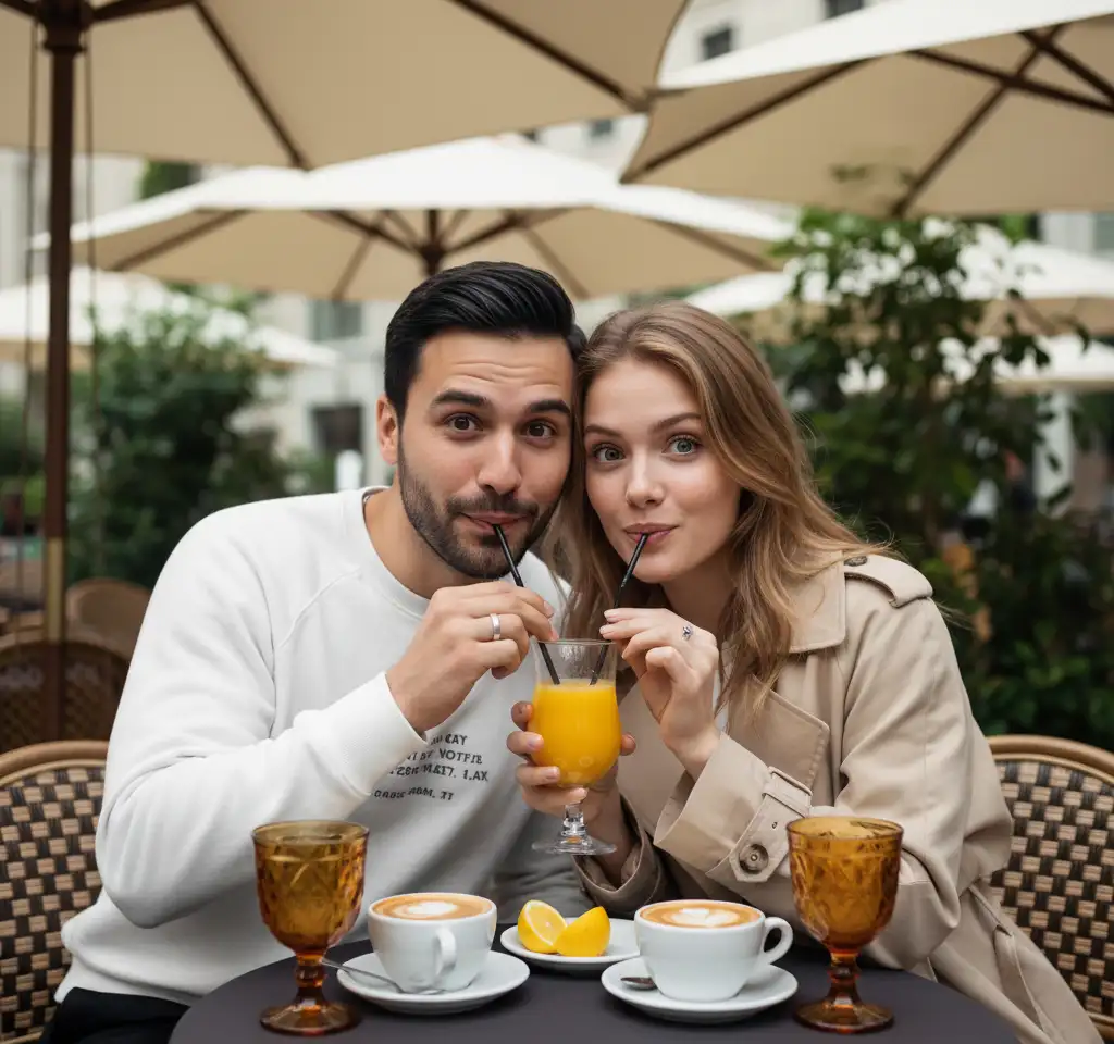 Sharing Orange Juice AI Couple Photo Template