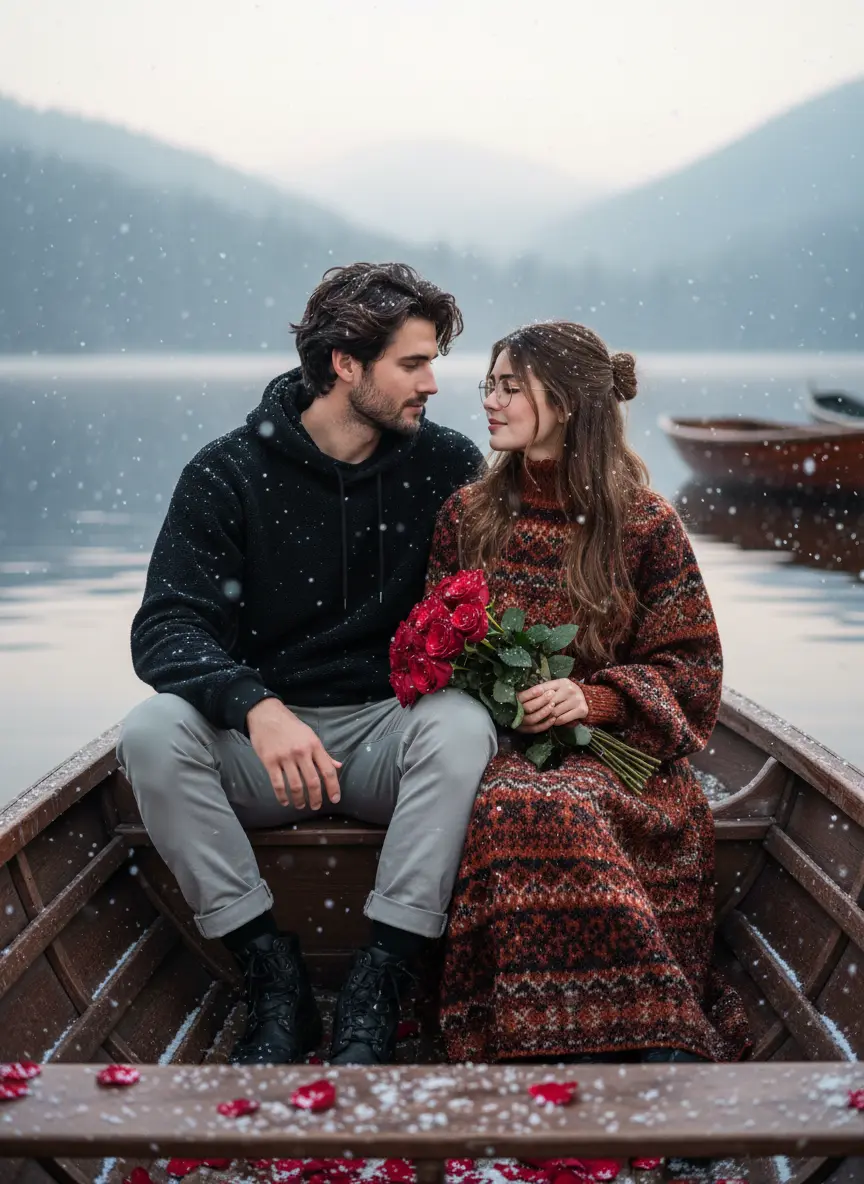 Peaceful couple sitting front of river AI photo with mountain background