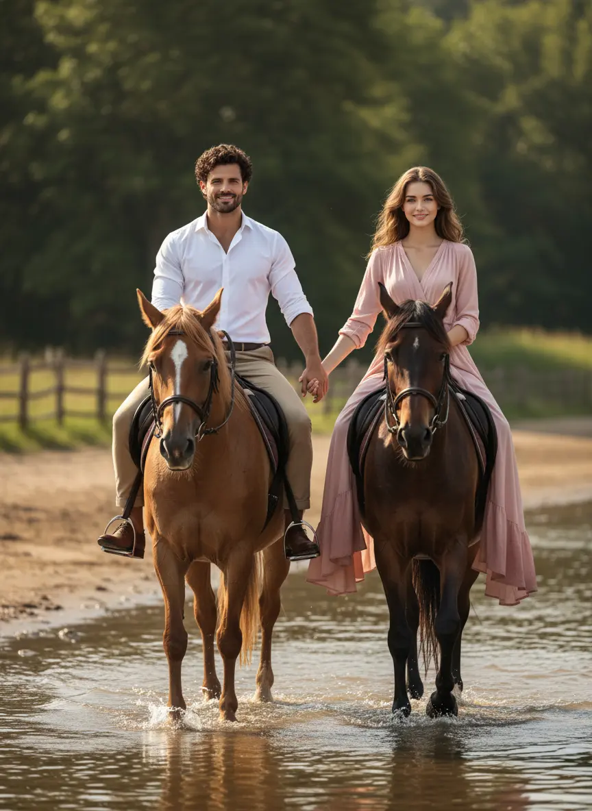 Adventure couple horse riding AI photo template in historical landscape