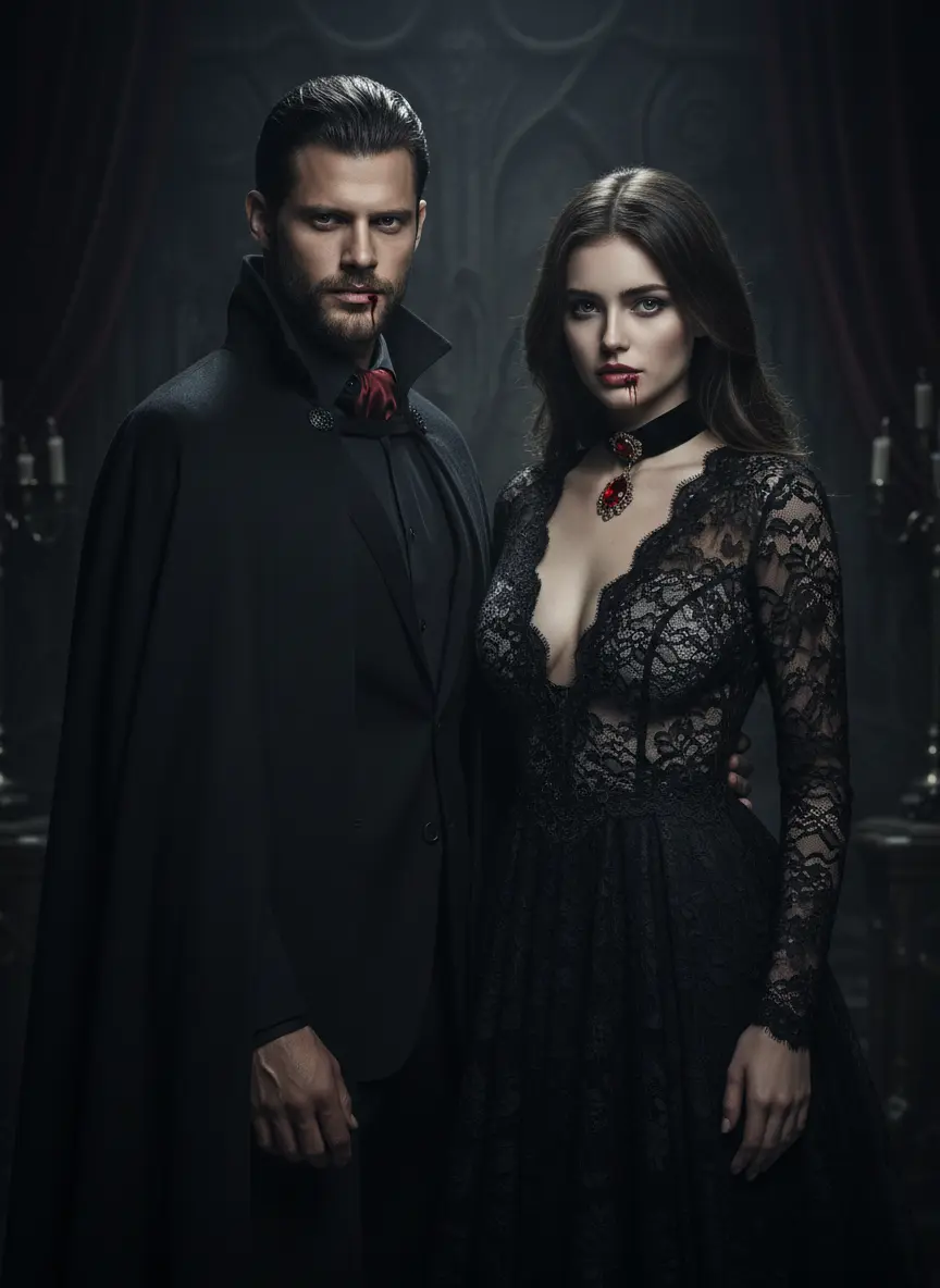 Scary Halloween duo AI couple cosplay photo in mysterious forest