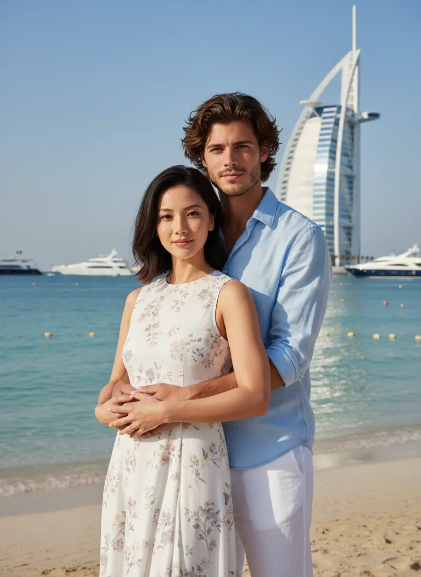 Beautiful ocean view AI couple portrait in Greece Santorini style