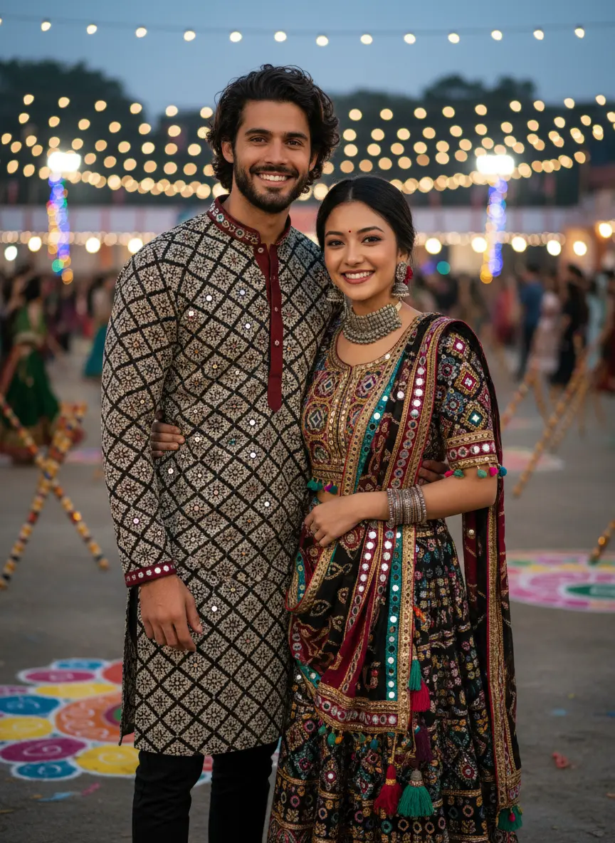 Indian Navratri festival Garba couple AI photo in colorful ethnic wear